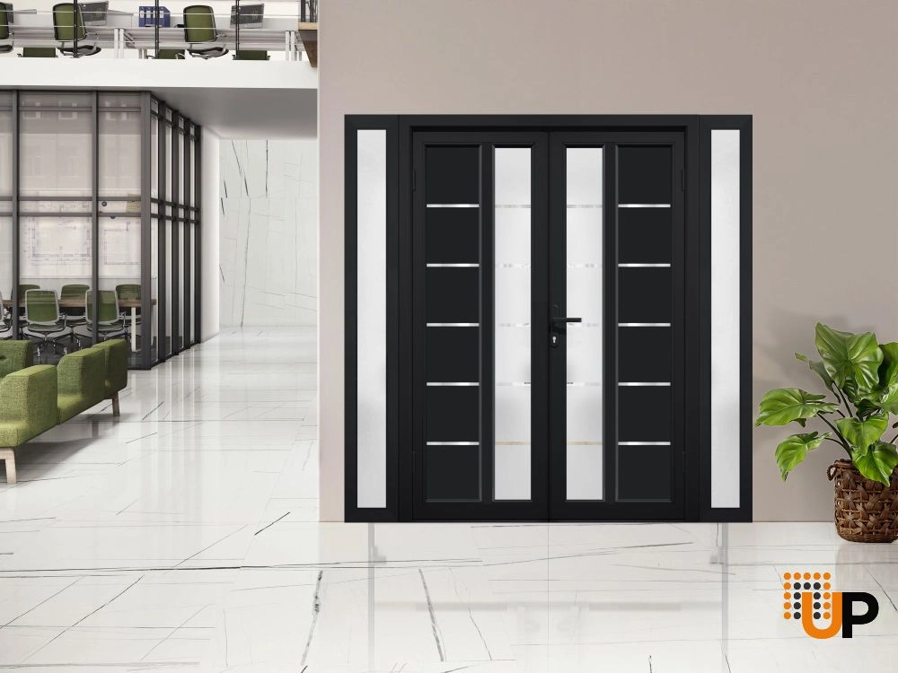 Double swing metal-plastic modern exterior door with tempered | Manux 8088 Black Matte | 96 x 80 photo#3