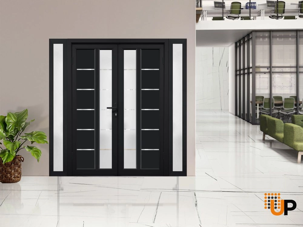 Double swing metal-plastic modern exterior door with tempered | Manux 8088 Black Matte | 96 x 80 photo#3