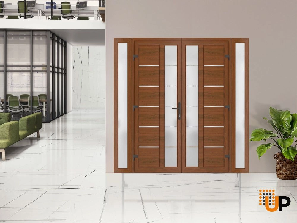 Double swing metal-plastic modern exterior door with tempered | Manux 8088 Walnut | 96 x 80 photo#3