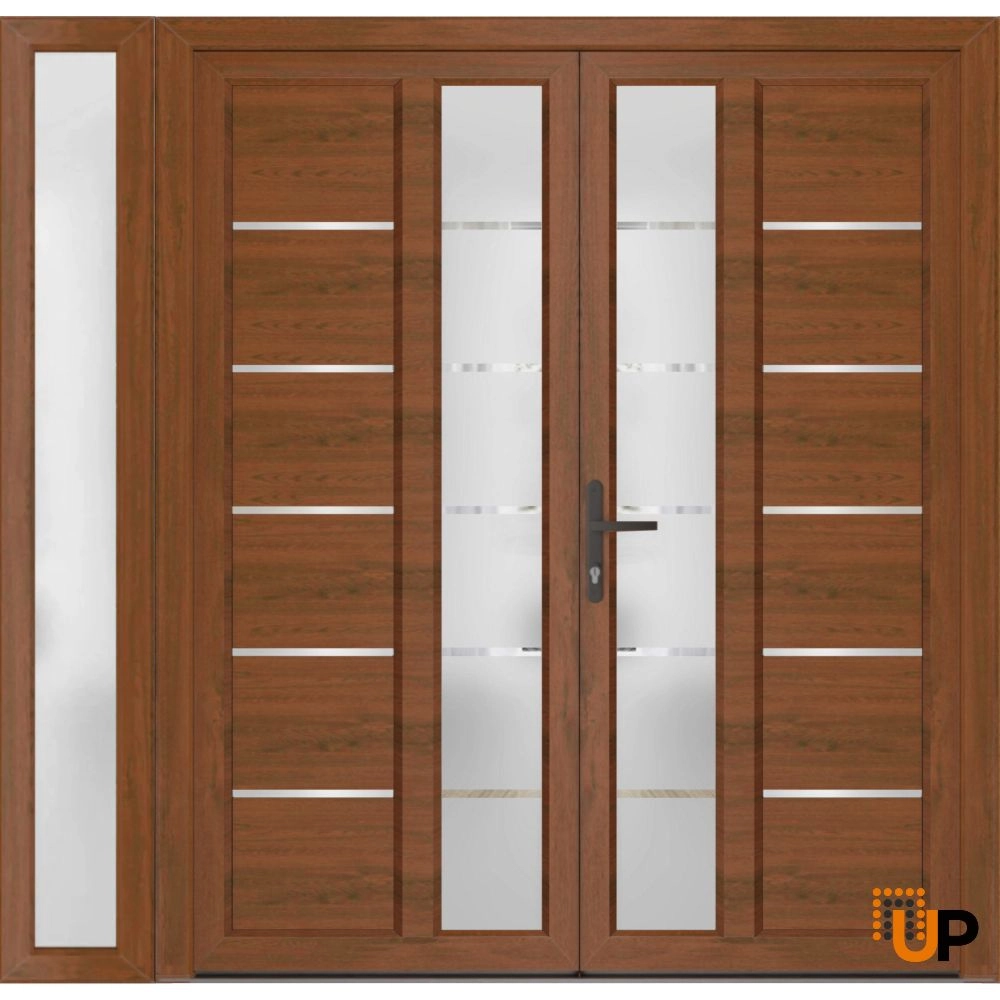 Double swing metal-plastic modern exterior door with tempered | Manux 8088 Walnut | 72 x 80 photo#4