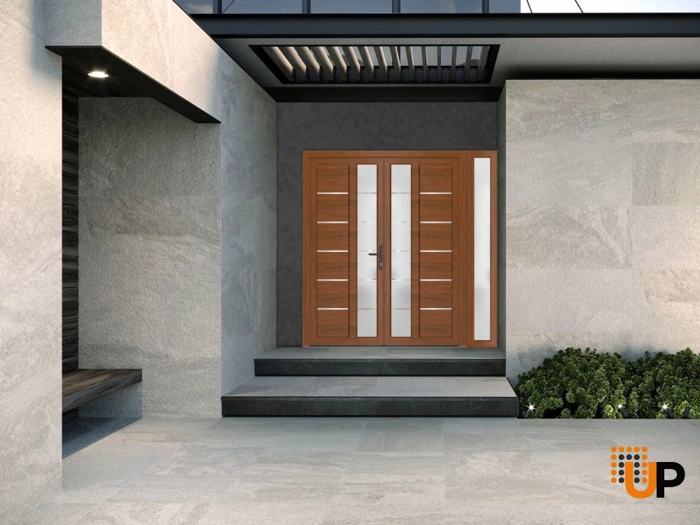 Double swing metal-plastic modern exterior door with tempered | Manux 8088 Walnut | 84 x 80 photo#4