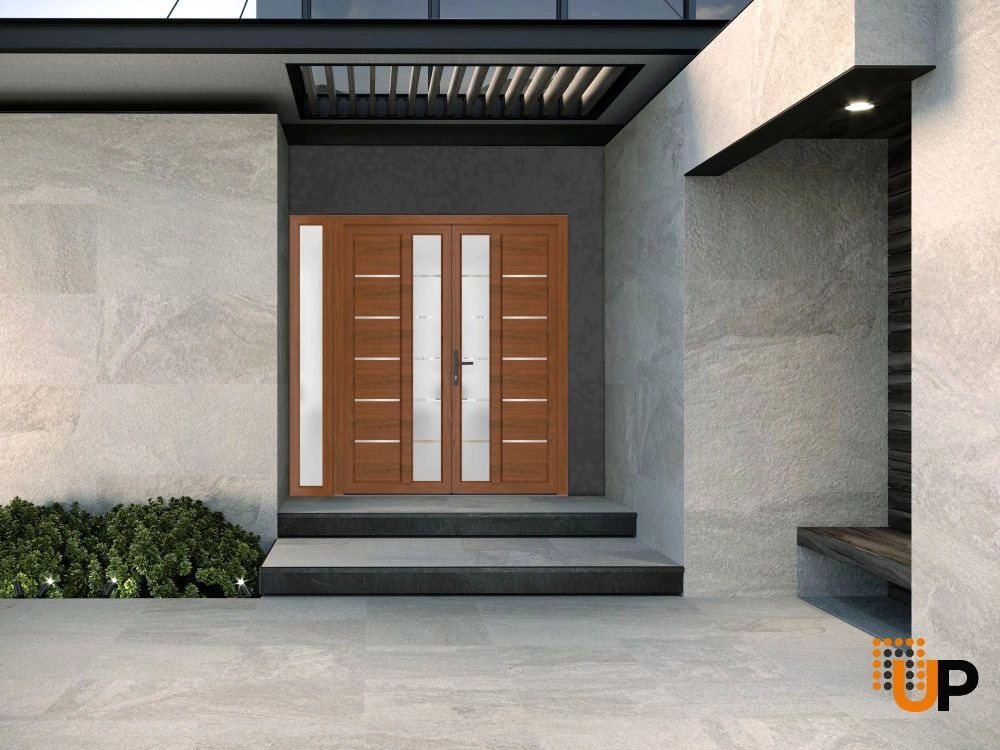 Double swing metal-plastic modern exterior door with tempered | Manux 8088 Walnut | 84 x 80 photo#4