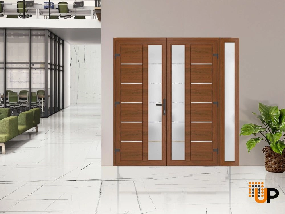 Double swing metal-plastic modern exterior door with tempered | Manux 8088 Walnut | 84 x 80 photo#3