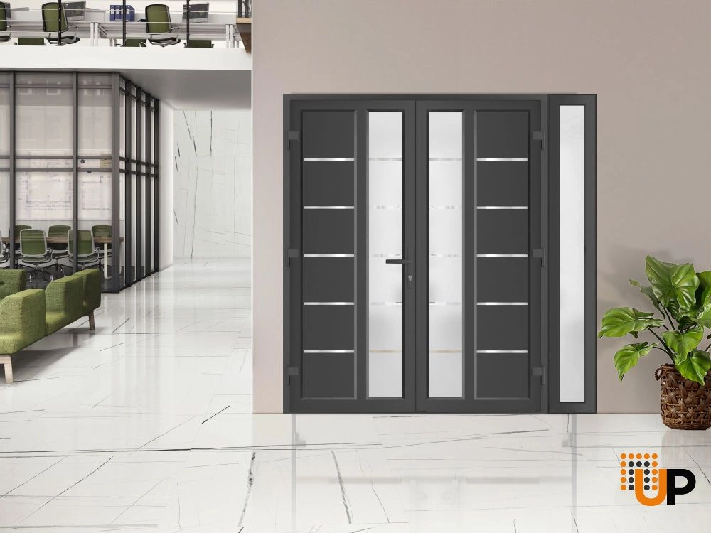 Double swing metal-plastic modern exterior door with tempered | Manux 8088 Antracite | 84 x 80 photo#3