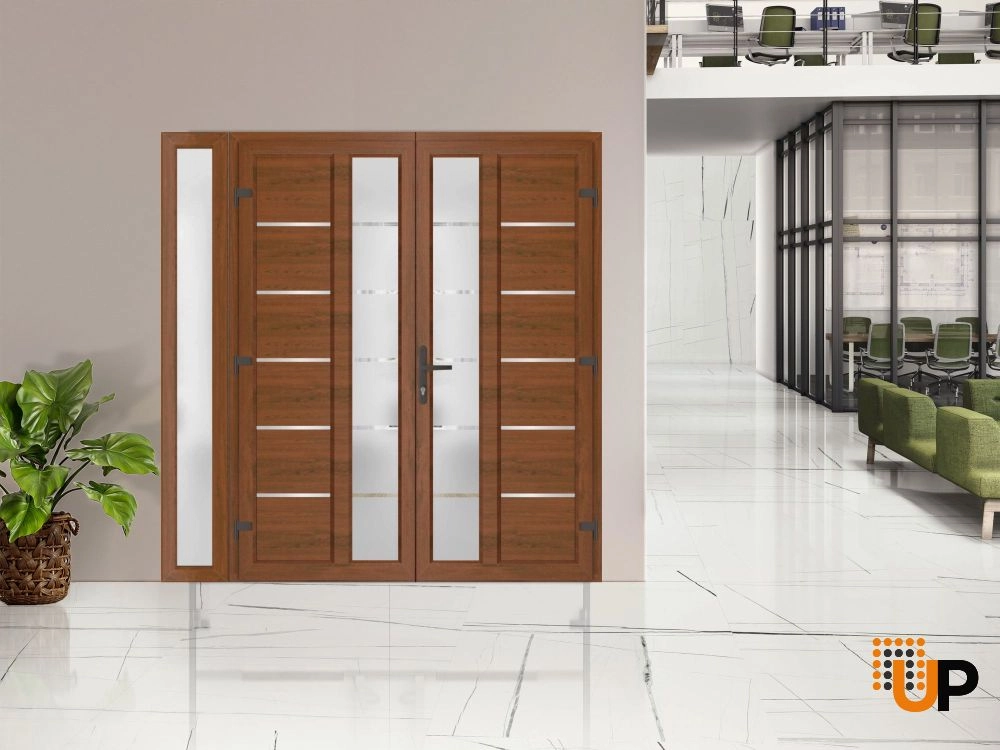 Double swing metal-plastic modern exterior door with tempered | Manux 8088 Walnut | 84 x 80 photo#3
