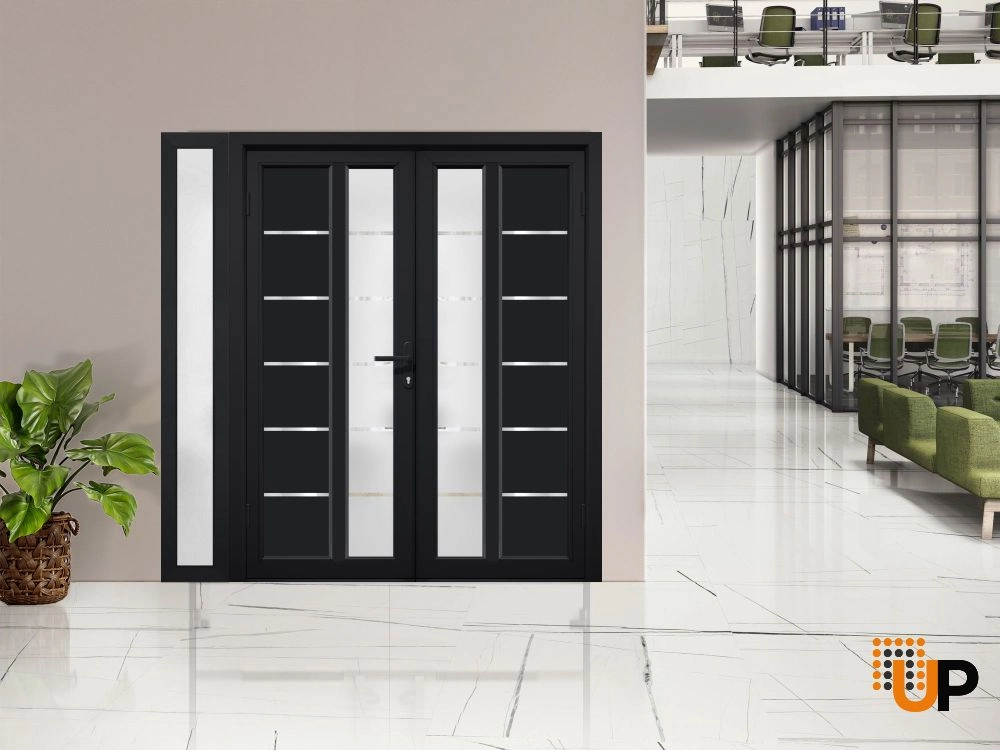 Double swing metal-plastic modern exterior door with tempered | Manux 8088 Black Matte | 84 x 80 photo#3