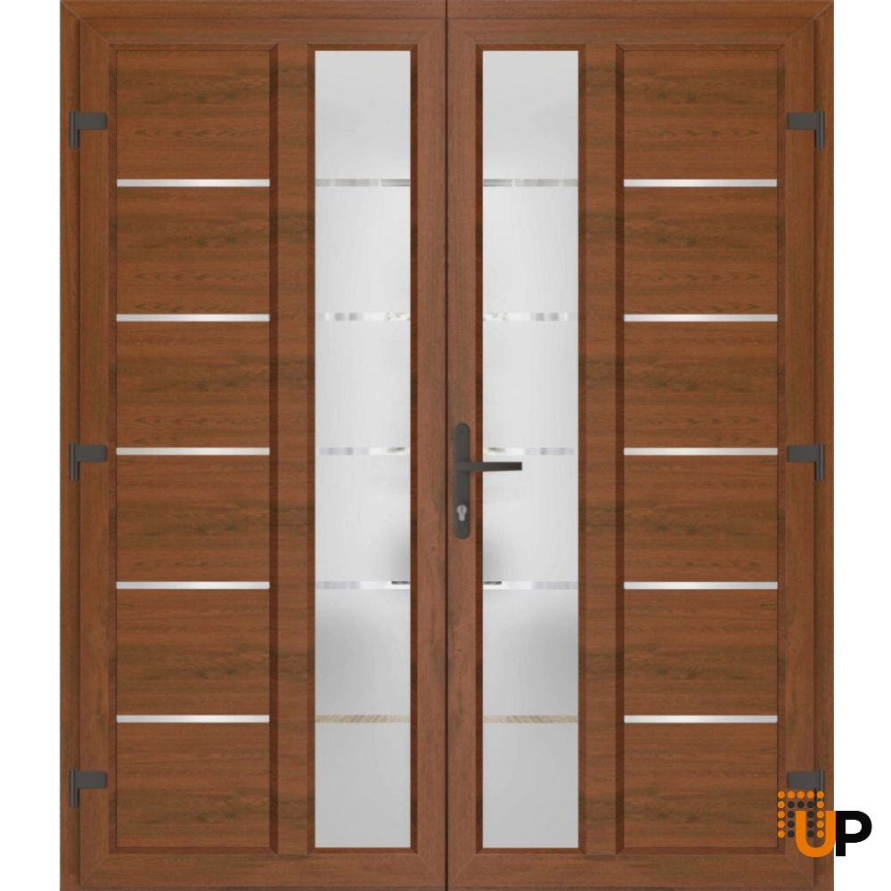 Double swing vinyl modern exterior door with tempered glass | Manux 8088 Walnut | 72 x 80 photo#2