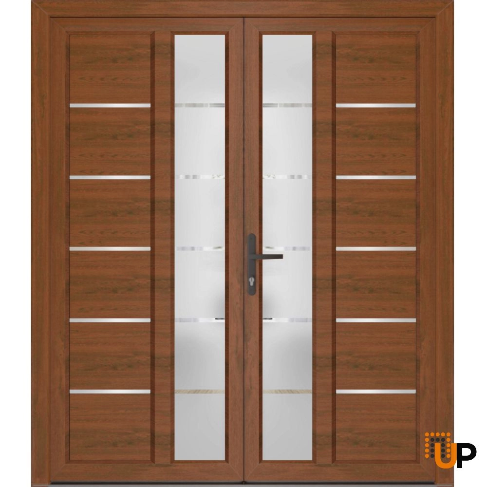 Double swing metal-plastic modern exterior door with tempered | Manux 8088 Walnut | 72 x 80 photo#1