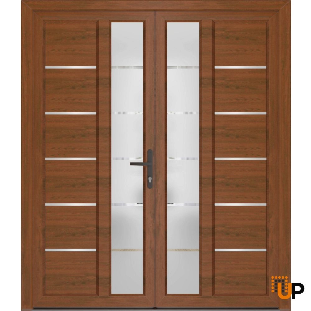 Double swing vinyl modern exterior door with tempered glass | Manux 8088 Walnut | 72 x 80 photo#1