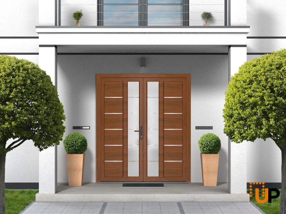 Double swing vinyl modern exterior door with tempered glass | Manux 8088 Walnut | 72 x 80 photo#4