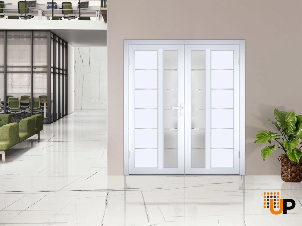 Double swing metal-plastic modern exterior door with tempered | Manux 8088 White | 72 x 80 photo#3