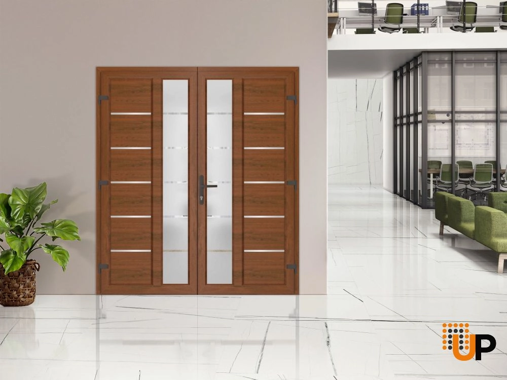 Double swing vinyl modern exterior door with tempered glass | Manux 8088 Walnut | 72 x 80 photo#3