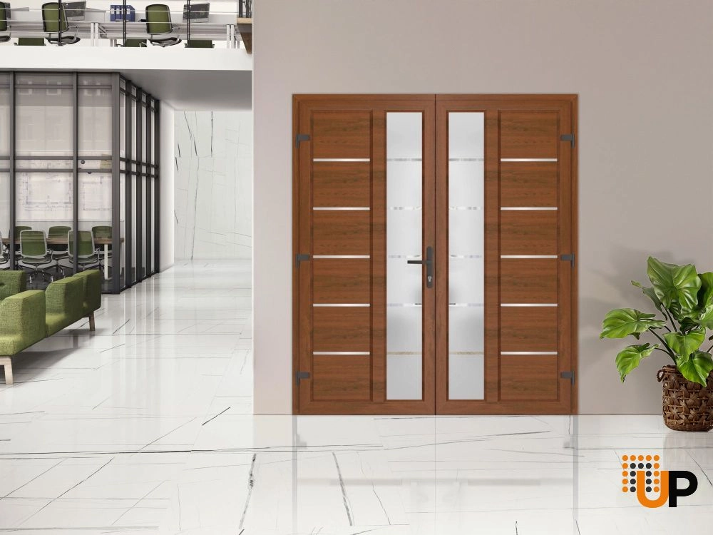 Double swing metal-plastic modern exterior door with tempered | Manux 8088 Walnut | 72 x 80 photo#3