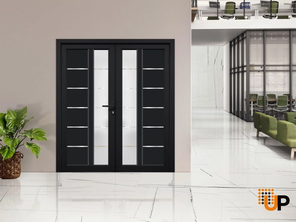 Double swing metal-plastic modern exterior door with tempered | Manux 8088 Black Matte | 72 x 80 photo#3