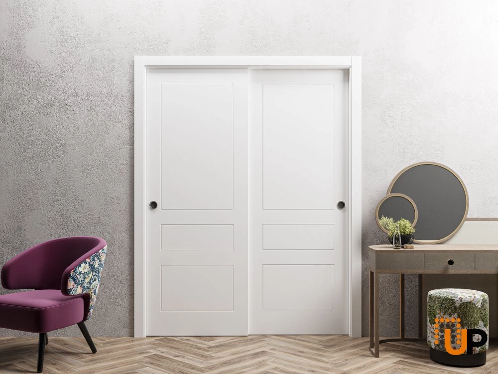 Double solid core sliding interior closet bypass door | Mela 0733 Painted White | 36 x 80 (2* 18x80) photo#2