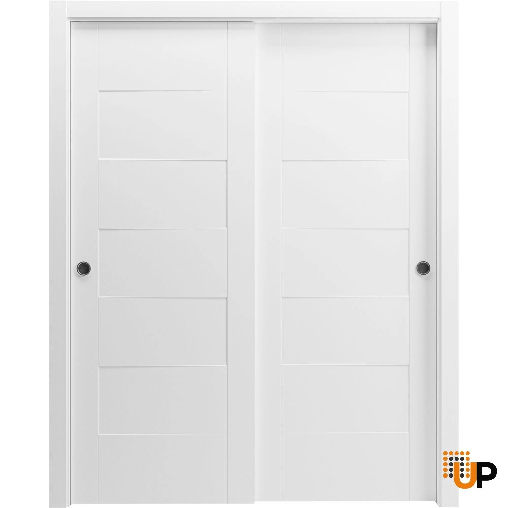 Double solid core sliding flush interior closet bypass door | Mela 0755 Painted White | 36 x 80 (2* 18x80) photo#1