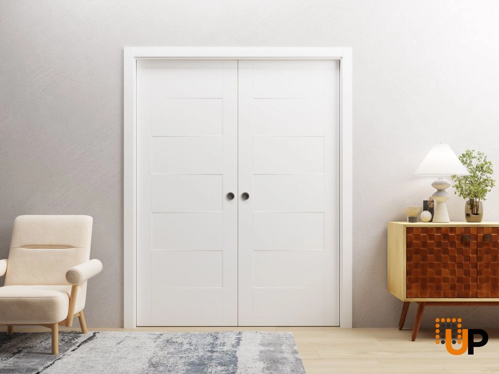 Double solid core sliding interior pocket double door | Mela 0755 Painted White | 36 x 80 (2* 18x80) photo#2