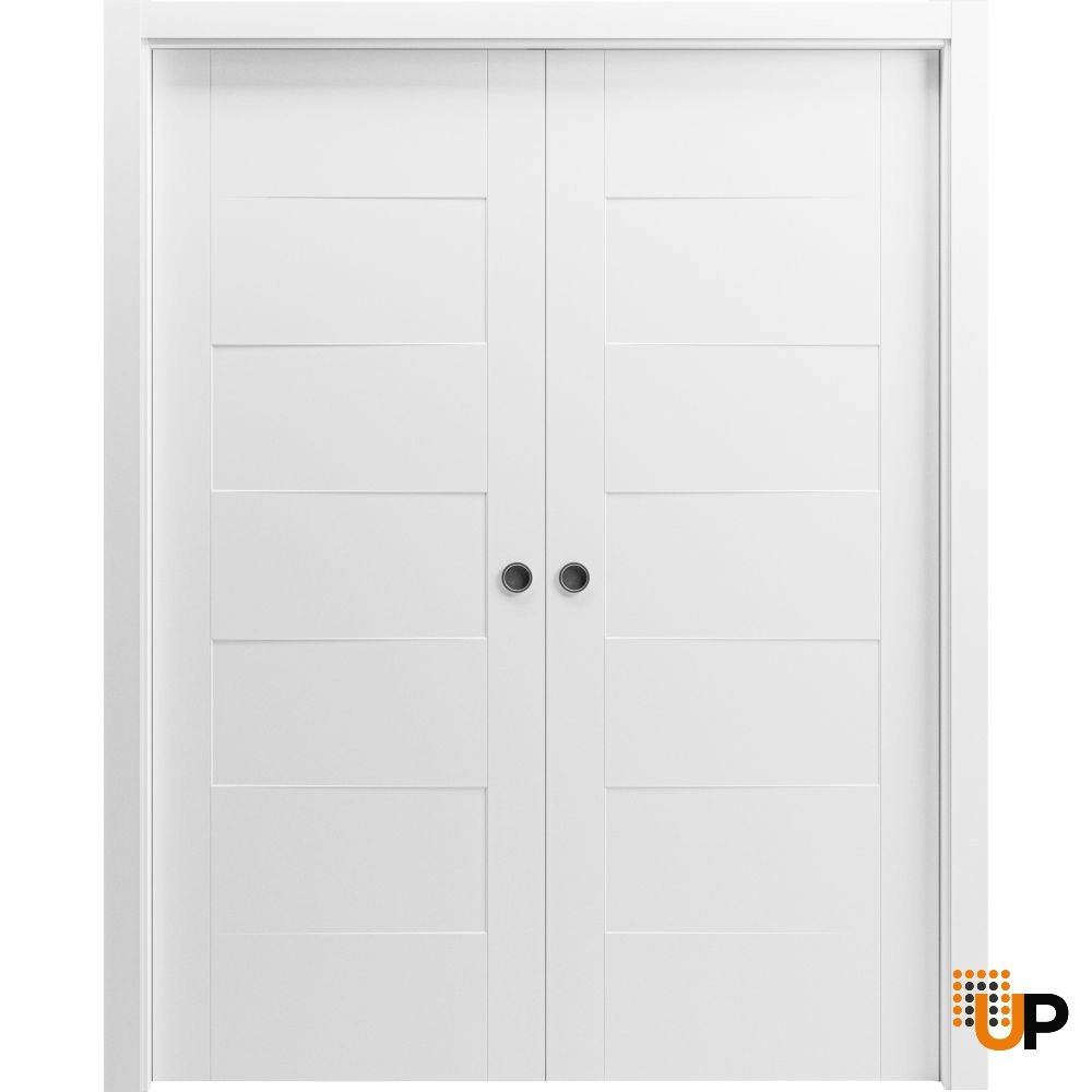 Double solid core sliding interior pocket double door | Mela 0755 Painted White | 36 x 80 (2* 18x80) photo#1