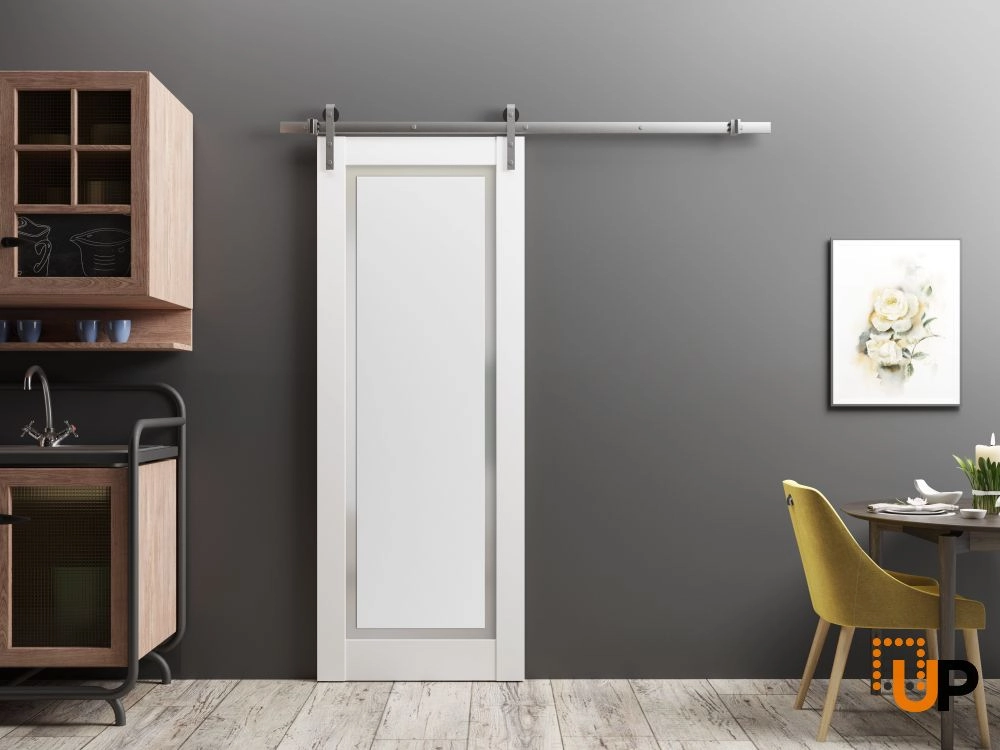 Single solid core sliding interior barn door with frosted glass | Planum 0888 Painted White | 18 x 80 photo#2