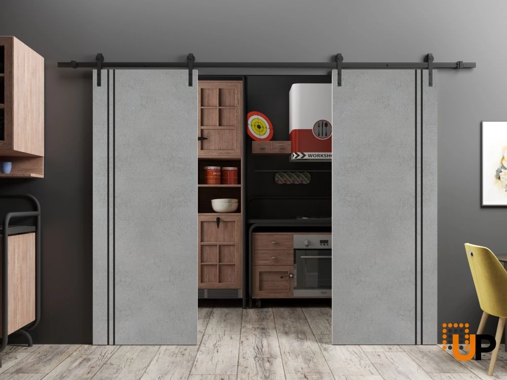 Double solid wood with honeycomb sliding french interior barn double door | Planum 0016 Concrete | 36 x 80 (2* 18x80) photo#2