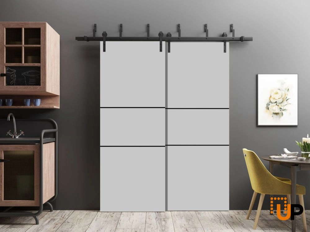 Double solid wood with honeycomb sliding modern interior barn bypass door | Planum 0014 Matte Grey | 36 x 80 (2* 18x80) photo#2