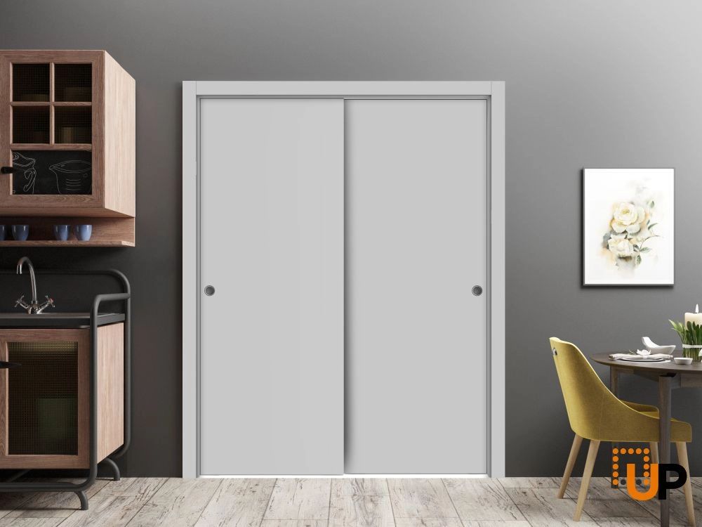Double solid wood with honeycomb sliding modern interior closet bypass door | Planum 0010 Matte Grey | 36 x 80 (2* 18x80) photo#2