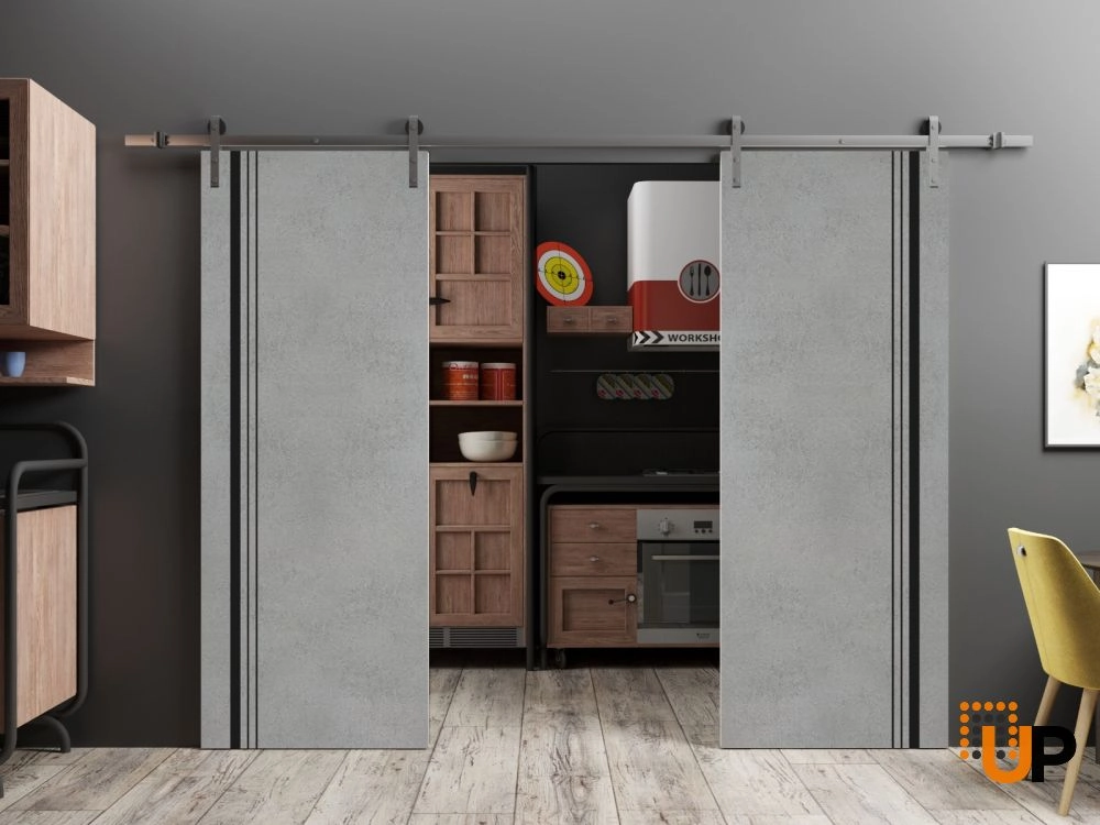 Double solid wood with honeycomb sliding french interior barn double door | Planum 0011 Concrete | 36 x 80 (2* 18x80) photo#2