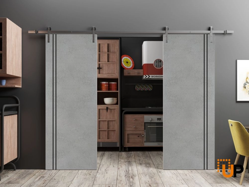 Double solid wood with honeycomb sliding french interior barn double door | Planum 0016 Concrete | 36 x 80 (2* 18x80) photo#2