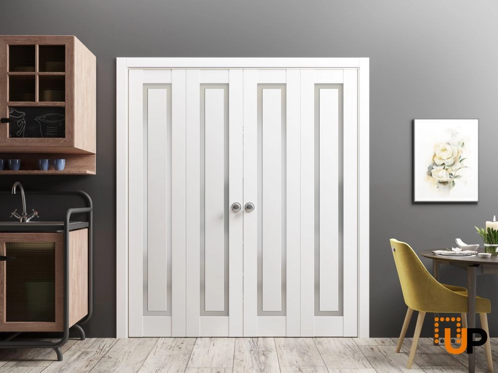 4 folding panels solid core sliding interior bi-fold double door with frosted glass | Planum 0888 Painted White | 72 x 80 (4* 18x80) photo#2