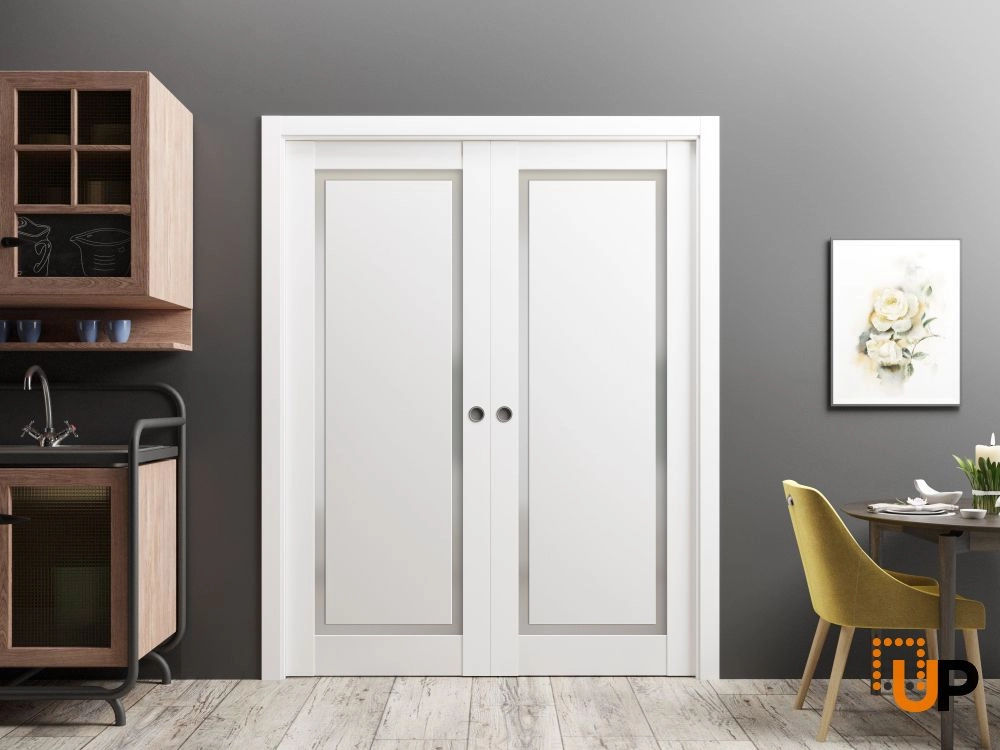 Double solid core sliding interior pocket double door with frosted glass | Planum 0888 Painted White | 36 x 80 (2* 18x80) photo#2