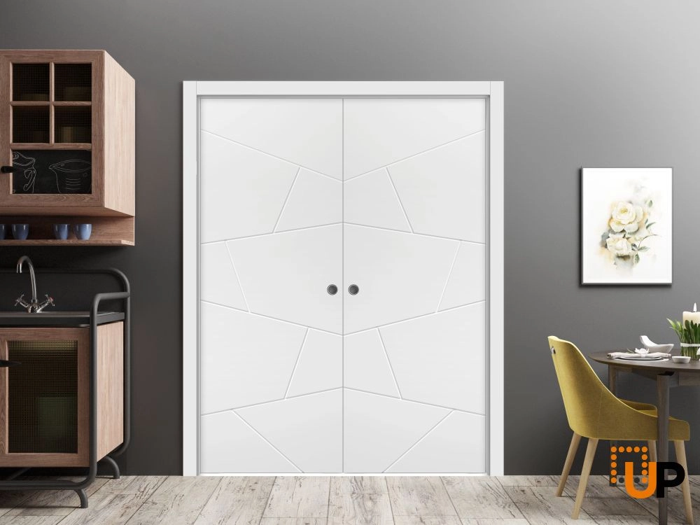 Double solid wood with honeycomb sliding flush interior pocket double door | Planum 0990 Painted White | 60 x 96 (2* 30x96) photo#2