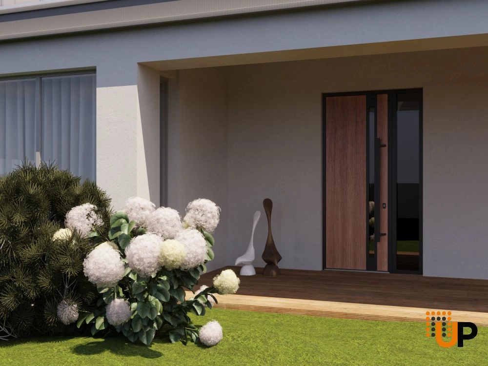 Single swing metal-aluminum modern exterior door with triplex | Ronex 1033 Oak | 48 x 96 (36+12 x 96) photo#3