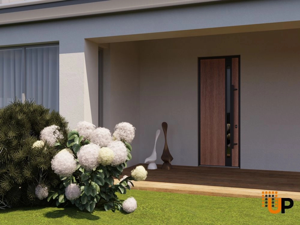 Single swing metal-aluminum modern exterior door with triplex | Ronex 1033 Oak | 36 x 96 photo#3