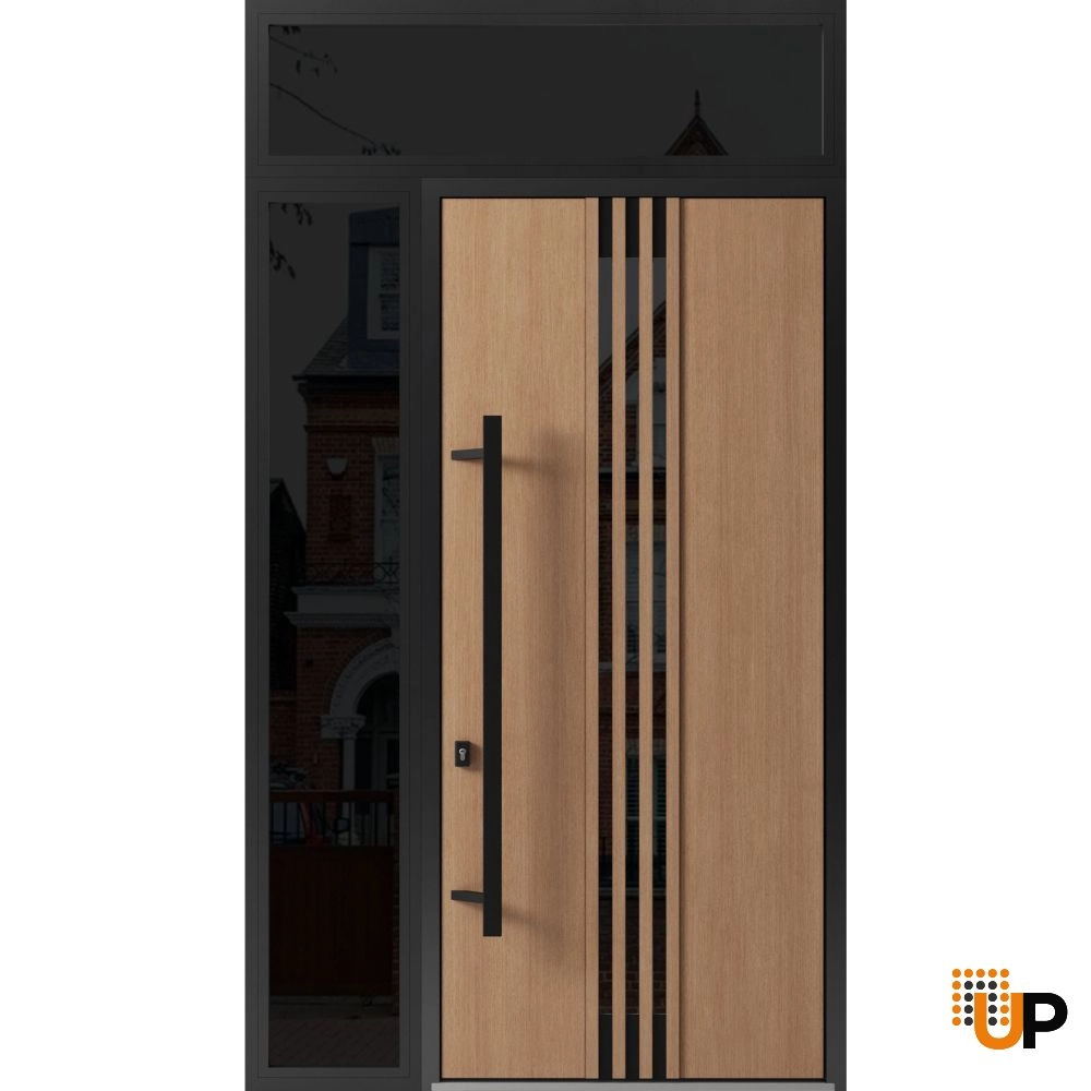 Single swing metal-aluminum modern exterior door with triplex glass | Ronex 1055 Oak | 48 x 112 (W36+12 x H96+16) photo#1
