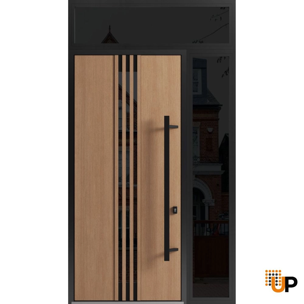Single swing metal-aluminum modern exterior door with triplex | Ronex 1055 Oak | 48 x 112 (W36+12 x H96+16) photo#1