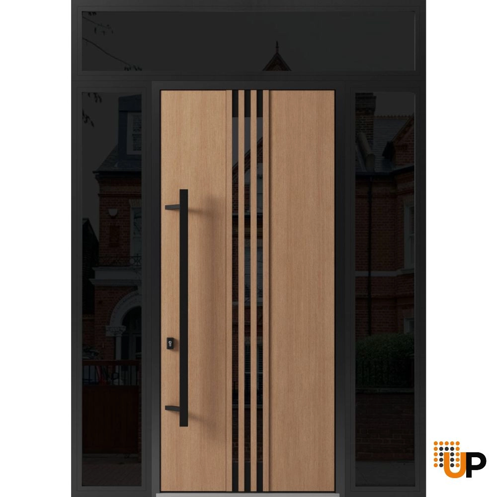 Single swing metal-aluminum modern exterior door with triplex glass | Ronex 1055 Oak | 64 x 112 (W14+36+14 x H96+16) photo#1