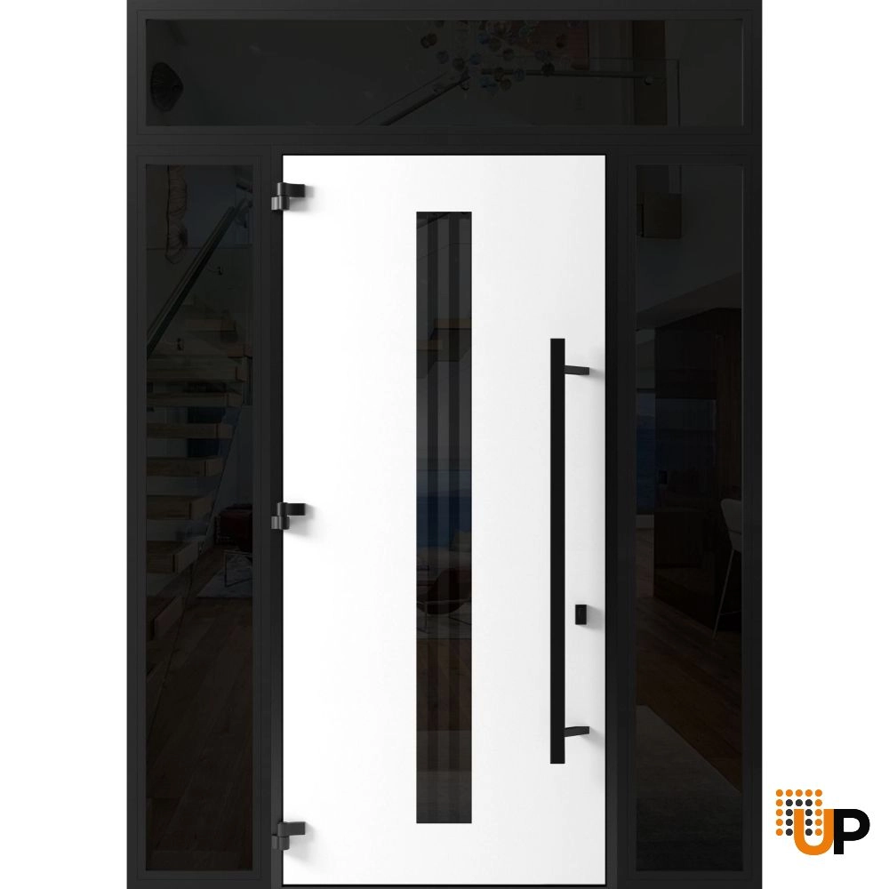 Single swing metal-aluminum modern exterior door with triplex glass | Ronex 1055 Oak | 64 x 112 (W14+36+14 x H96+16) photo#2
