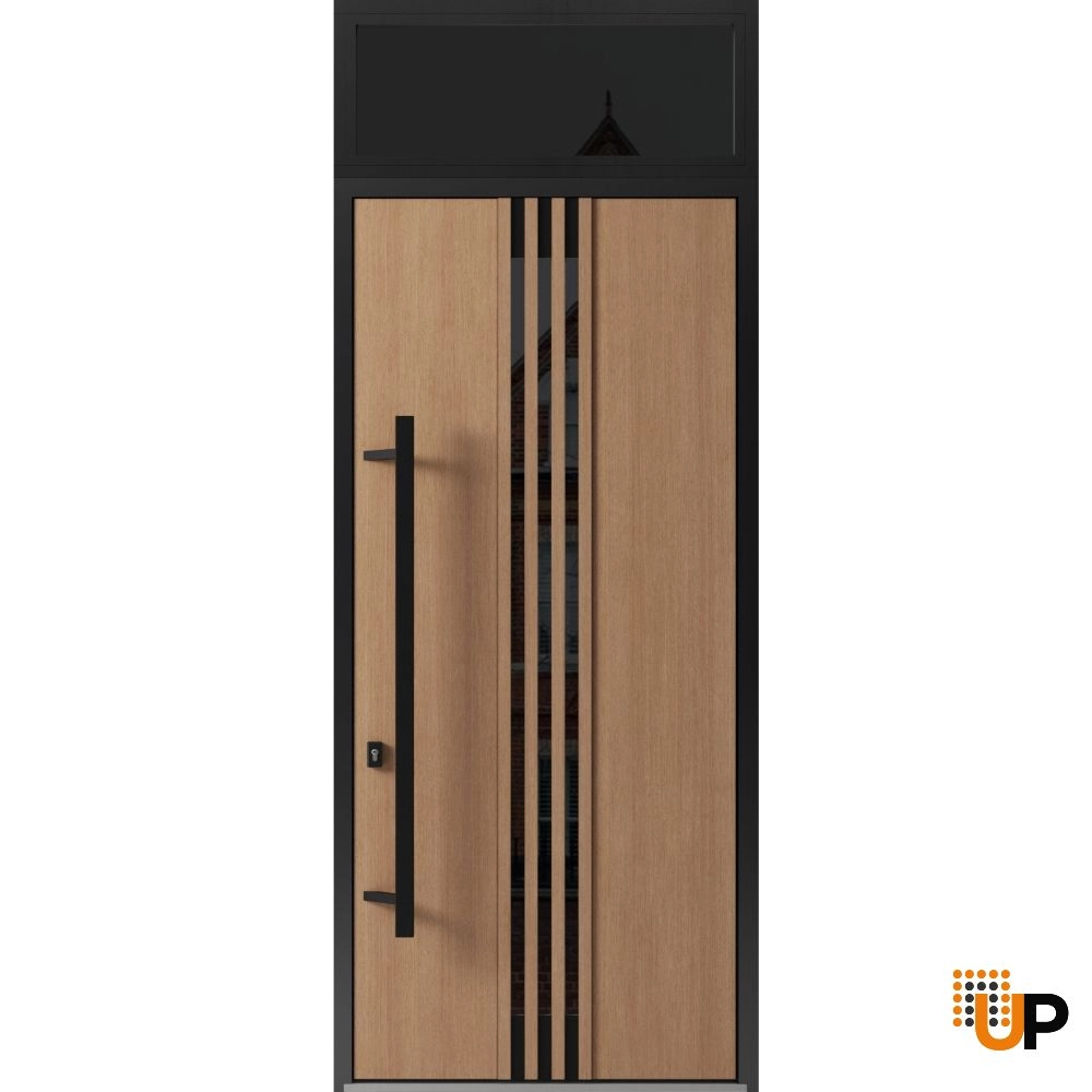 Single swing metal-aluminum modern exterior door with triplex glass | Ronex 1055 Oak | 36 x 112 (W36 x H96+16) photo#1