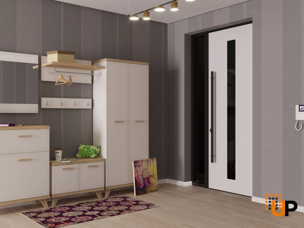 Single swing metal-aluminum modern exterior door with triplex | Ronex 1055 Oak | 48 x 112 (W36+12 x H96+16) photo#4