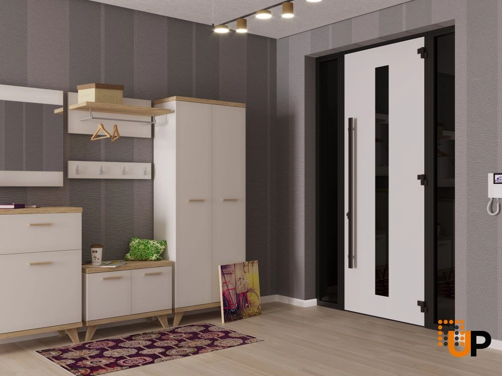 Single swing metal-aluminum modern exterior door with triplex | Ronex 1055 Oak | 60 x 112 (W12+36+12 x H96+16) photo#4