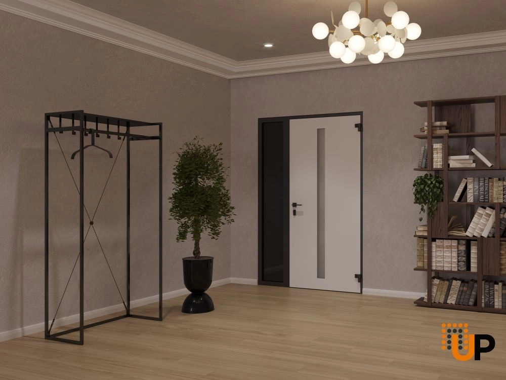 Single swing metal-aluminum modern exterior door with clear-mirrored glass | Hiddex 0155 Ardesia Nero | 52 x 80 (36+16 x 80) photo#4