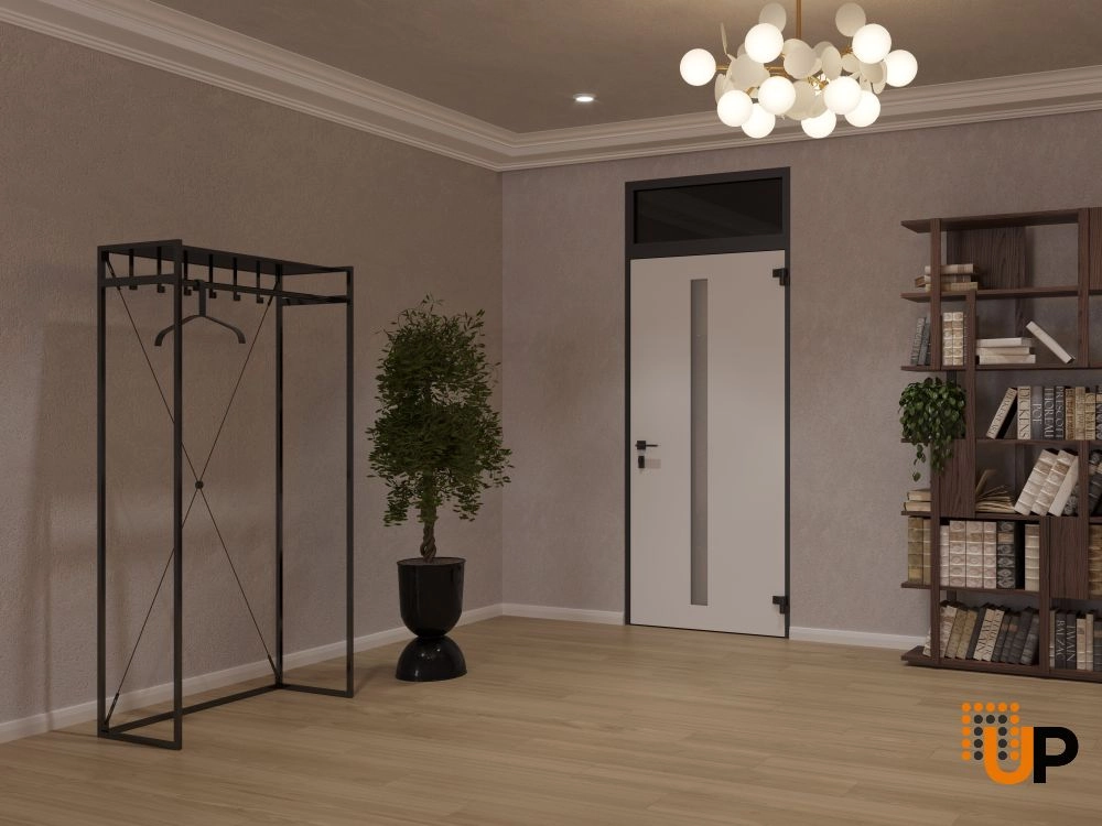 Single swing metal-aluminum modern exterior door with clear-mirrored glass | Hiddex 0155 Ardesia Nero | 36 x 92 (36 x 80+12) photo#4