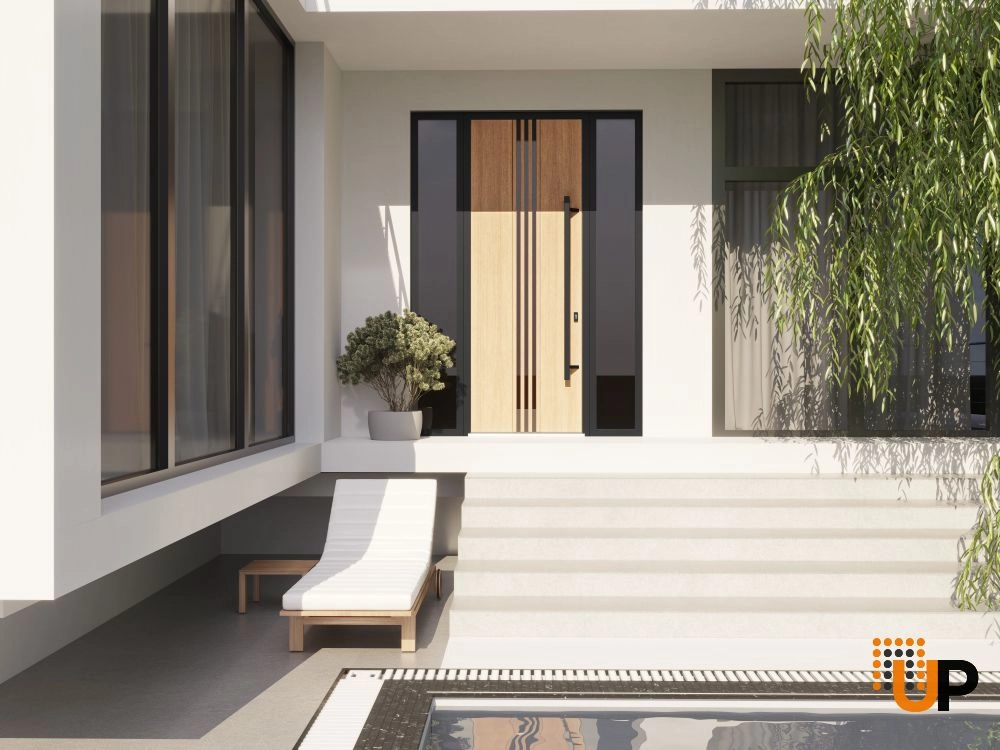 Single swing metal-aluminum modern exterior door with triplex | Ronex 1055 Oak | 60 x 112 (W12+36+12 x H96+16) photo#3