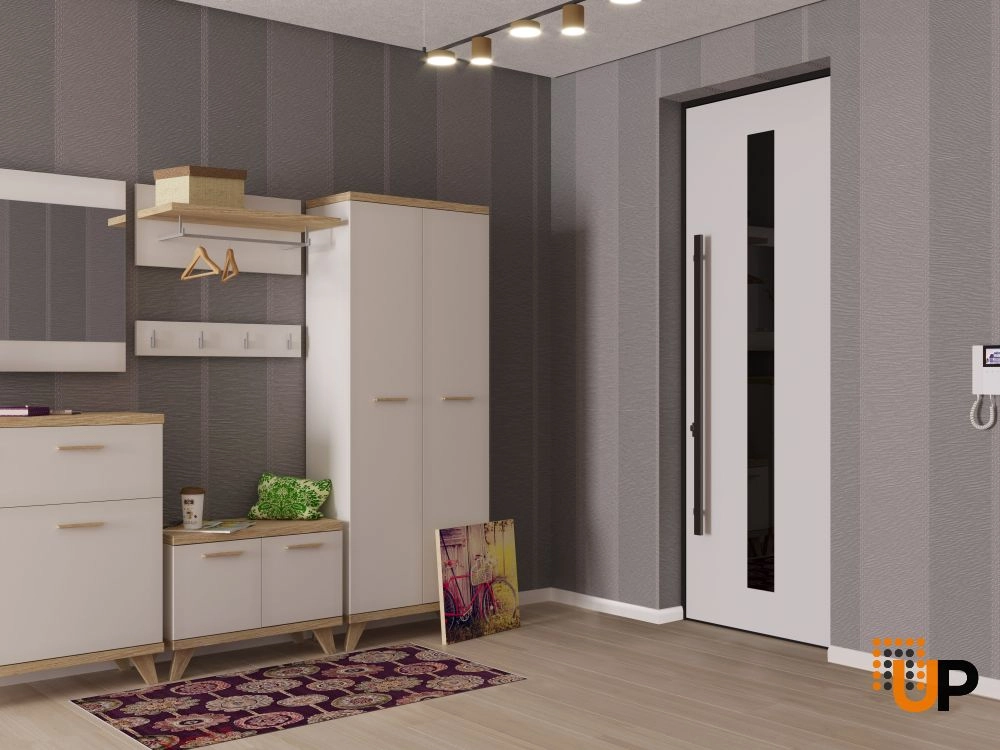 Single swing metal-aluminum modern exterior door with triplex | Ronex 1055 Oak | 36 x 96 photo#4