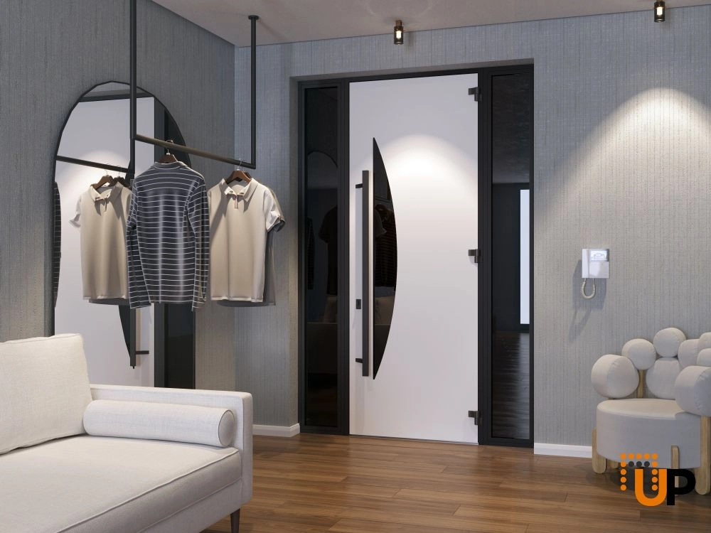 Single swing metal-aluminum modern exterior door with triplex | Ronex 1077 Teak | 60 x 96 photo#4