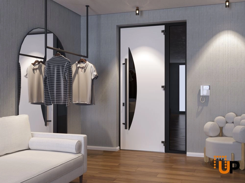 Single swing metal-aluminum modern exterior door with triplex | Ronex 1077 Teak | 48 x 96 photo#4
