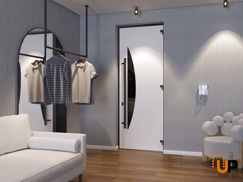 Single swing metal-aluminum modern exterior door with triplex | Ronex 1077 Teak | 36 x 112 (W36 x H96+16) photo#4