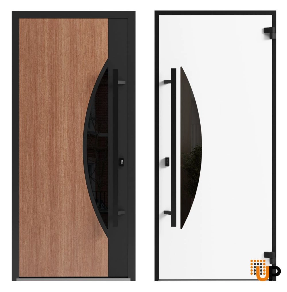 Single swing metal-aluminum modern exterior door with triplex | Ronex 1077 Teak | 60 x 96 photo#5