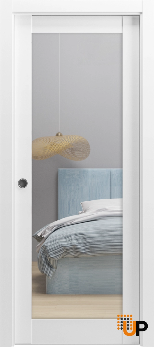 Single solid core sliding luxury interior pocket door with mirror glass | Lucia 1299 White | 18 x 80 photo#6