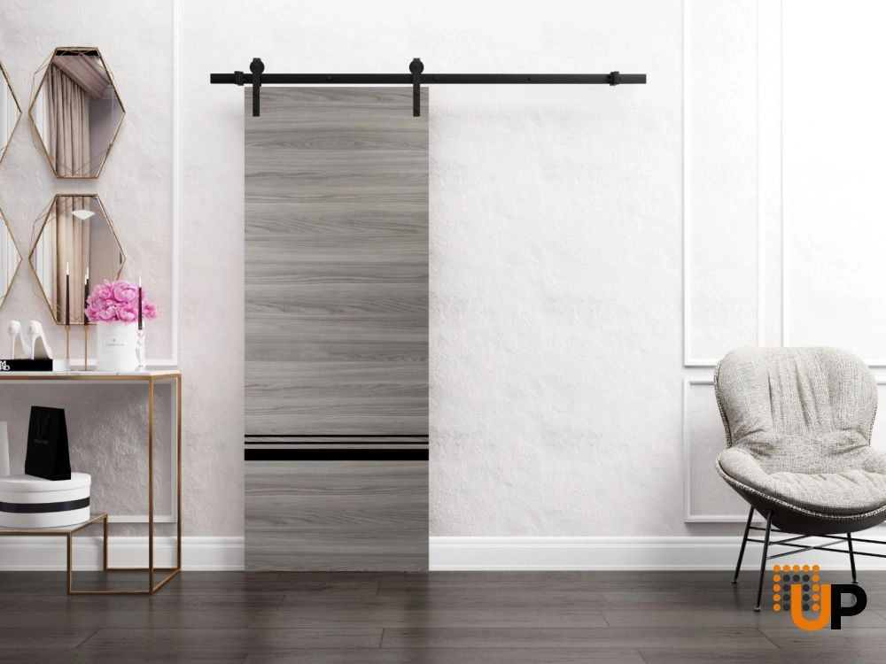 Single solid wood with honeycomb sliding modern interior barn door | Planum 0012 Ginger Ash | 18 x 80 photo#2